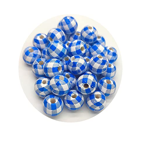 Bunte natürliche runde Holzperlen, großes Loch, 16 mm, Holzhandwerk, Bulk mit Gittermuster, lose Abstandshalter für Schlüsselanhänger, Schmuckherstellung, 100 Stück (blau-weiß) von Alenybeby