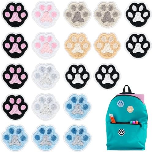 Alethron Bügelflicken Hundepfoten, 20 Sticker Flicken zum Aufbügeln Erwachsene, Kätzchen Pfotenform Patches zum Aufbügeln, Bestickte Aufnäher Kinder Pfote Hund Aufbügelflicken für Kleidung Rucksäcke von Alethron