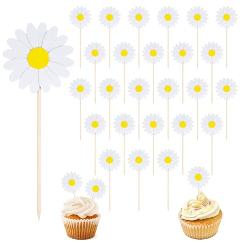 Alethron Gänseblümchen Tortendeko, 24 Stücke Gänseblümchen Deko Geburtstag Weiße Daisy Muffin Deko Cupcake Topper für Hochzeit Baby Dusche Happy Birthday Partydeko von Alethron