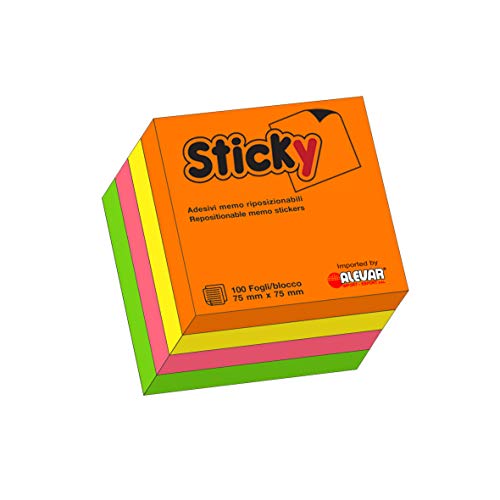 Alevar Sticky Würfel 400 Sticky Wiederablösbare Aufkleber, Format 75 x 75 mm, 4 verschiedene Neonfarben von Alevar