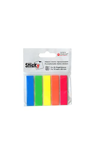 Alevar Sticky Film-Notizblöcke, Format 12 x 50 mm, 5 Blöcke 25 Haftnotizen, 125 Klebestreifen, verschiedene Neonfarben Blau-Gelb-Rosa-Orange-Grün von Alevar