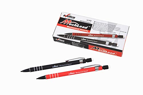 Automatischer Druckbleistift mit Radiergummi, 0,5 mm, gummierter Schaft, verschiedene Farben schwarz/rot und Metallclip, 12 Stück von Alevar
