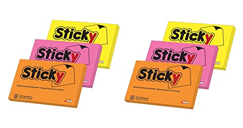 Sticky Aufkleber, 75 x 127 mm, für Notizen, abnehmbar und wiederverwendbar, Neonfarben, Gelb-Orange-Rosa, 6 Blöcke à 100 Blatt von Alevar