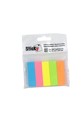 Alevar Sticky Seitenmarkierer aus Papier, Format 15 x 50 mm, 5 Blöcke 100 Haftnotizen 500 Klebestreifen, verschiedene Farben FLUO blau-gelb-pink-orange-grün, 3325/1FLUO5 von Alevar