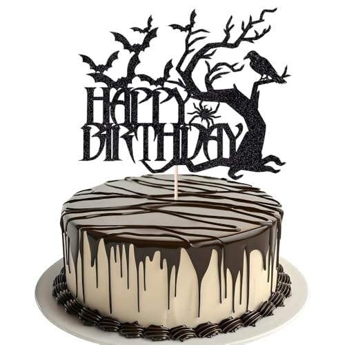 Halloween-Kuchenaufsatz "Happy Birthday", Fledermauskrähenbaum, schwarzer Glitzer-Kuchenzubehör, gruseliger Geburtstag, Motto-Party-Dekoration, schwarzer Glitzer von Alewoaly