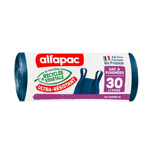 Alfapac BRV03015NUR Alfaapac 15 x 30 l Müllbeutel mit Griffen, extra stark, Vegetal Origin – 2 Stück – Marineblau/schwarz – 50 x 77 cm, 30 Liter, 1 unité (Lot de 1) von Alfapac