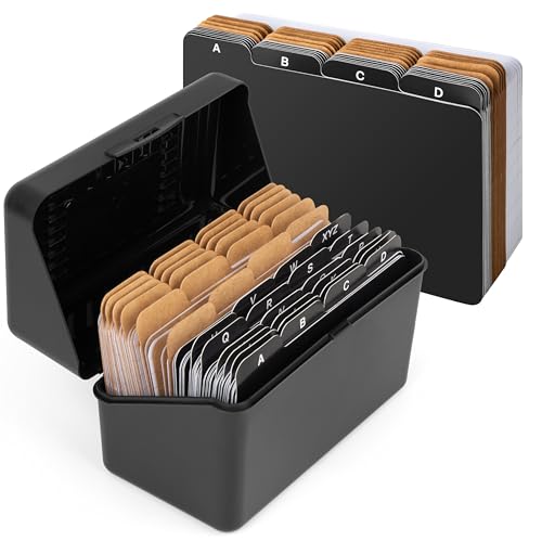 Alfion Karteikartenhalter-Set, 10 x 15 cm, 100 linierte Karteikarten, 10 x 15 cm, 24 schwarze Alphabet-Trennblätter, 24 blanko, anpassbare Kraft-Trennblätter von Alfion
