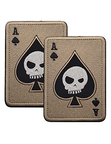 2 Stück AliPlus Poker Ace of Spades Aufnäher Totenkopf Patch bestickt taktische Moral Patch Hakenverschluss Rückseite (braun) von AliPlus