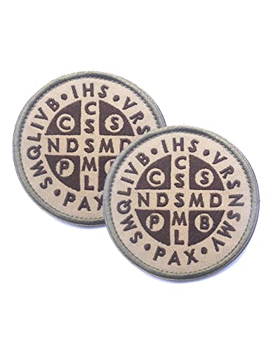 2 Stück St. Benedikt Kreuz Aufnäher bestickt Moral Patch Haken und Schlaufe (Khaki) von AliPlus