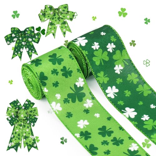 ALIBBON 2 Rollen 6,3 cm × 4,5 m St. Patrick's Day Band Irisches Kleeblatt Drahtband grünes Kleeblatt Band für St. Patrick's Kranz DIY Basteln Schleifen Geschenke Verpackung St. Patrick's Party von Alibbon