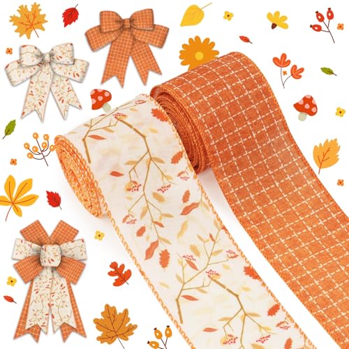 ALIBBON 2 Rollen 6,3 cm × 4,5 m Thanksgiving Herbst Blätter Plaid Draht Sackleinen Bänder Orange Thanksgiving Dekor Band für Herbst Kranz Schleife Herstellung DIY Handwerk Geschenkverpackung Party von Alibbon