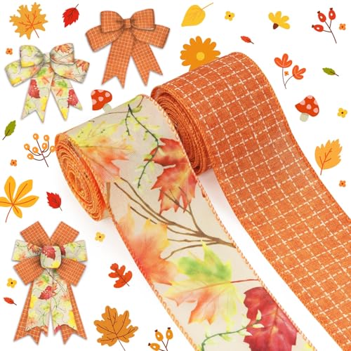 ALIBBON 2 Rollen 6,3 cm × 4,5 m Thanksgiving Herbst Herbst Ahornblätter Plaid Draht Sackleinen Bänder Orange Thanksgiving Dekor Band für Herbst Kranz Schleife DIY Handwerk Geschenkverpackung Party von Alibbon