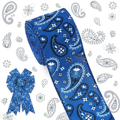 ALIBBON Bandana-Band, 6,3 cm × 9,1 m, blaues Paisleymuster, Cashew-Blumenmuster, Juteband, Western-Cowboy-Dekorband für Herbstkranz, Schleifen, Basteln, Geschenkverpackung, Party-Dekoration von Alibbon