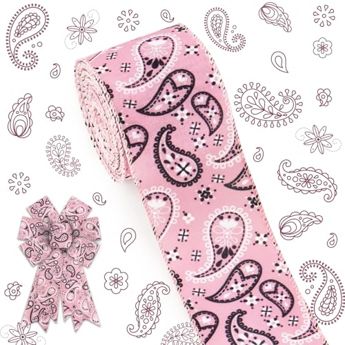 ALIBBON Bandana-Band, 6,3 cm × 9,1 m, rosa Paisleymuster, Cashew-Muster, Juteband, Western-Cowboy-Dekorband für Herbstkranz, Schleifen, Basteln, Geschenkverpackung, Party-Dekoration von Alibbon