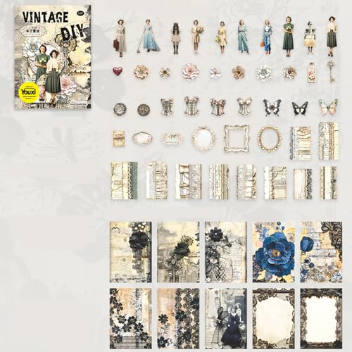 Alideco 55 Stück Vintage Charaktere Digital Steampunk Spitze Scrapbooking Papier für Journaling Supplies, dekoratives Bastelpapier für Junk Journals (Shougongleisi) von Alideco