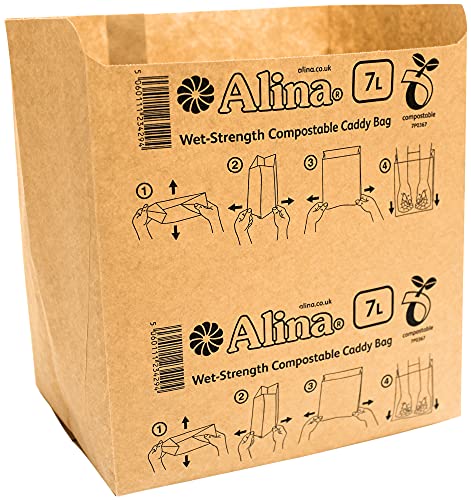 Alina kompostierbarer Papier-Caddy-Müllbeutel/Lebensmittelabfall-Müllbeutel/biologisch abbaubarer 7-Liter-Papiersack 100 x 6 l bis 8 l (braun, 100 Beutel) von Alina