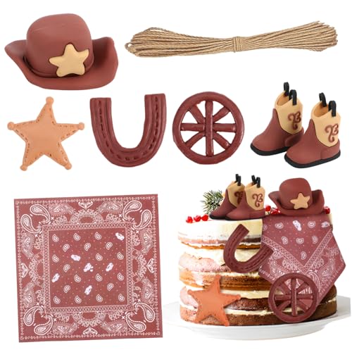 Alipis 1 Satz Cowboy Kuchendekoration Teiliges Western Themen Kuchen Topper mit Cowboyhut Stiefel Abzeichen und Jute Seil Geburtstagsfeiern und Cowboy Partys von Alipis