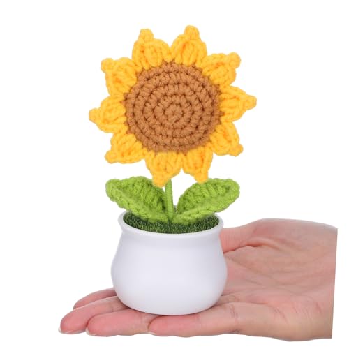 Alipis Handgefertigte Häkelblumen Sonnenblume im Topf Dekorative Auto Armaturenbrett Deko Vielseitige Handgestrickte Pflanzenornamente für Büro Zuhause und Geschenkideen von Alipis
