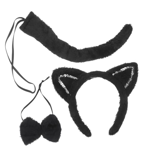Alipis Katzenohren Stirnband mit und Schleife Leichtes Halloween Cosplay Set für Erwachsene Glänzende Schwarze Pailletten Bequemes Party Zubehör von Alipis