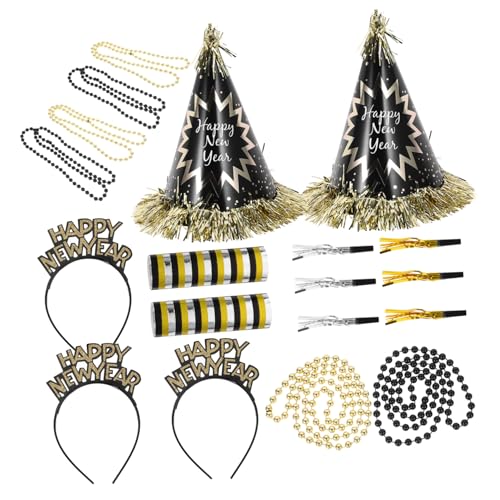 Alipis Neujahrs-partyset mit Schwarzem und Goldfarbenem Papierhut Perlenkette Stirnband und Krachern Silvester Deko für Erwachsene Vielseitiges Feier-accessoire Pack von Alipis