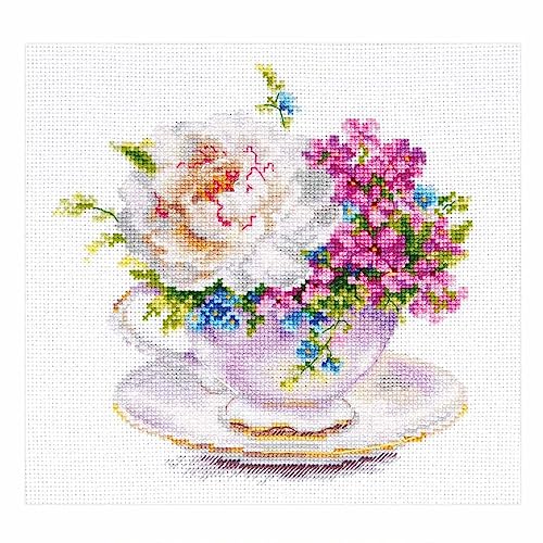 Kreuzstich-Stickset für Erwachsene, Blumen Stickbild, helle Farben des Morgens. Tasse mit Pfingstrose Stickerei, 16 x 16 cm, 14 Stück Kreuzstich-Stickset für Erwachsene, Blumen Stickbild, helle Farben des Morgens. Tasse mit Pfingstrose Stickerei, 16 x 16 cm, 14 Stück von Alisa