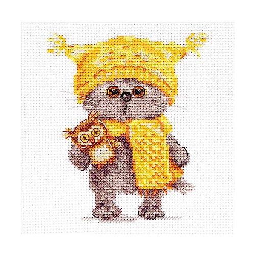 Kreuzstich-Stickset für Erwachsene, Kinder und Anfänger – Tiere – Katze Basik. Eule 10 x 12 cm, 14 Stück von Alisa
