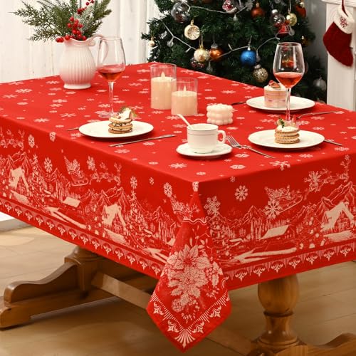 Alishomtll Weihnachten Rot Tischdecke, Gold Schneeflocke Elch Haus Weihnachtsbaum Quadratisch Tischdecken, Wasserabweisend Abwaschbar Tischtuch, Winter Party Ferien Deko Tischwäsche 140x140cm von Alishomtll