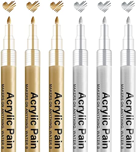 Gold Silber Acrylstifte Marker Stifte,6 Stück/0.7mm Acrylstifte für Steine Wasserfest, Permanent Acrylstifte für Steine Bemalen, Metall Papier Glas Holz Keramik Leder. (3 Gold+3 Silber) von Aliyer