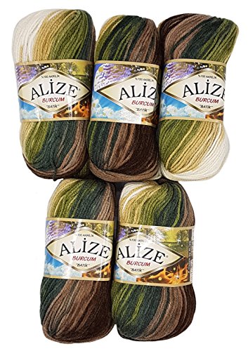 5 x 100 Gramm Alize Burcum Batik Wolle Mehrfarbig mit Farbverlauf, 500 Gramm Strickwolle (braun beige creme u.a. 1893) von Alize Burcum Batik