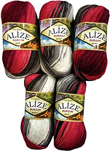 Alize Burcum 5 x 100 Gramm Batik Wolle Mehrfarbig mit Farbverlauf, 500 Gramm Strickwolle (bordeaux rosa braun taupe weiß 1984) von Alize Burcum Batik