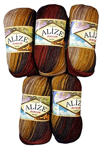 Alize Burcum Batik 5 x 100 Gramm Wolle Mehrfarbig mit Farbverlauf, 500 Gramm Strickwolle (braun ocker beige 3379) von Alize Burcum Batik