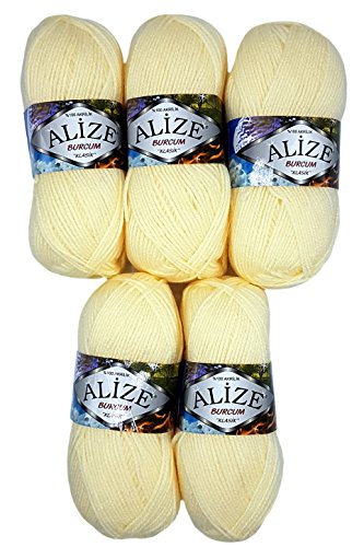 Alize Burcum Klasik 5 x 100 Gramm Wolle einfarbig, 500 Gramm Strickwolle Uni (Creme) von Alize Burcum Klasik