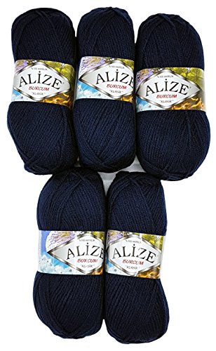 Alize Burcum Klasik 5 x 100 Gramm Wolle einfarbig, 500 Gramm Strickwolle Uni (dunkelblau) von Alize Burcum Klasik
