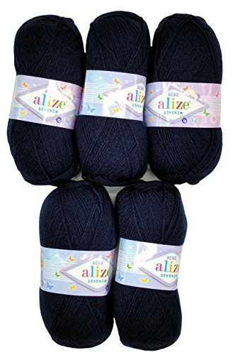 5 x 100g Strickwolle Alize Bebe einfarbig, 500 Gramm Wolle zum Stricken und Häkeln (Nachtblau 58) von Alize Sekerim Bebe