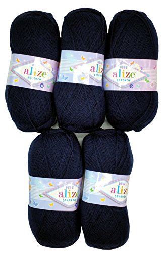 5 x 100g Strickwolle Alize Bebe einfarbig, 500 Gramm Wolle zum Stricken und Häkeln (nachtblau 58) von Alize Sekerim Bebe