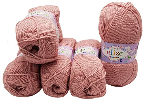 5 x 100g Strickwolle Alize Bebe einfarbig, 500 Gramm Wolle zum Stricken und Häkeln (altrosa 315) von Awoe
