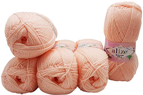 5 x 100g Strickwolle Alize Bebe einfarbig, 500 Gramm Wolle zum Stricken und Häkeln (apricot 556) von Alize Sekerim Bebe