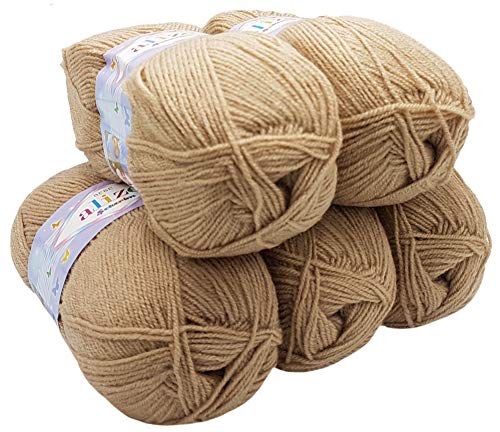 5 x 100g Strickwolle Alize Bebe einfarbig, 500 Gramm Wolle zum Stricken und Häkeln (beige 256) von Alize Sekerim Bebe