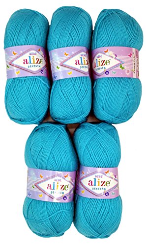 5 x 100g Strickwolle Alize Bebe einfarbig, 500 Gramm Wolle zum Stricken und Häkeln (blau 287) von Alize Sekerim Bebe