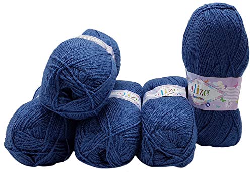 5 x 100g Strickwolle Alize Bebe einfarbig, 500 Gramm Wolle zum Stricken und Häkeln (blau 353) von Alize Sekerim Bebe