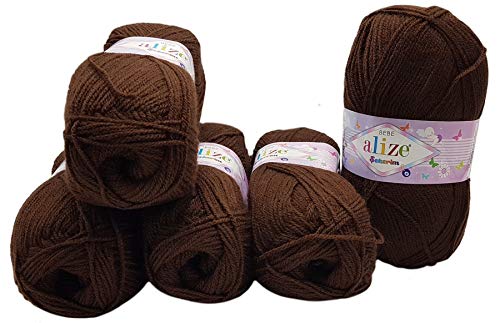 5 x 100g Strickwolle Alize Bebe einfarbig, 500 Gramm Wolle zum Stricken und Häkeln (braun 493) von Alize Sekerim Bebe