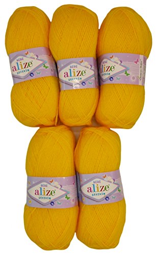 5 x 100g Strickwolle Alize Bebe einfarbig, 500 Gramm Wolle zum Stricken und Häkeln (gelb 566) von Alize Sekerim Bebe