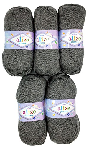 5 x 100g Strickwolle Alize Bebe einfarbig, 500 Gramm Wolle zum Stricken und Häkeln (grau 197) von Alize Sekerim Bebe