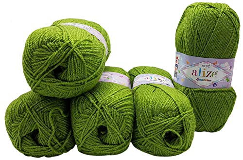 5 x 100g Strickwolle Alize Bebe einfarbig, 500 Gramm Wolle zum Stricken und Häkeln (grün 210) von Duomi