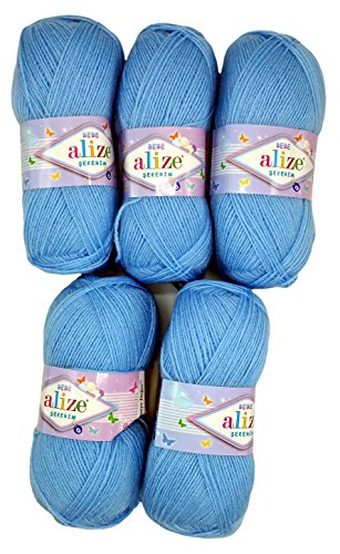 5 x 100g Strickwolle Alize Bebe einfarbig, 500 Gramm Wolle zum Stricken und Häkeln (hellblau 40) von Alize Sekerim Bebe