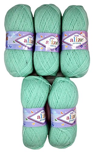 5 x 100g Strickwolle Alize Bebe einfarbig, 500 Gramm Wolle zum Stricken und Häkeln (mintgrün 19) von Alize Sekerim Bebe