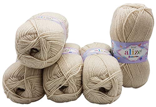 5 x 100g Strickwolle Alize Bebe einfarbig, 500 Gramm Wolle zum Stricken und Häkeln (natur 599) von Alize Sekerim Bebe