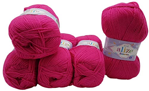5 x 100g Strickwolle Alize Bebe einfarbig, 500 Gramm Wolle zum Stricken und Häkeln (pink 149) von Alize Sekerim Bebe