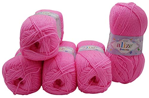 5 x 100g Strickwolle Alize Bebe einfarbig, 500 Gramm Wolle zum Stricken und Häkeln (pink 157) von Alize Sekerim Bebe