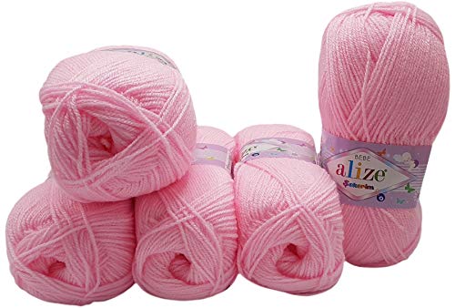 5 x 100g Strickwolle Alize Bebe einfarbig, 500 Gramm Wolle zum Stricken und Häkeln (rosa 185) von Alize Sekerim Bebe